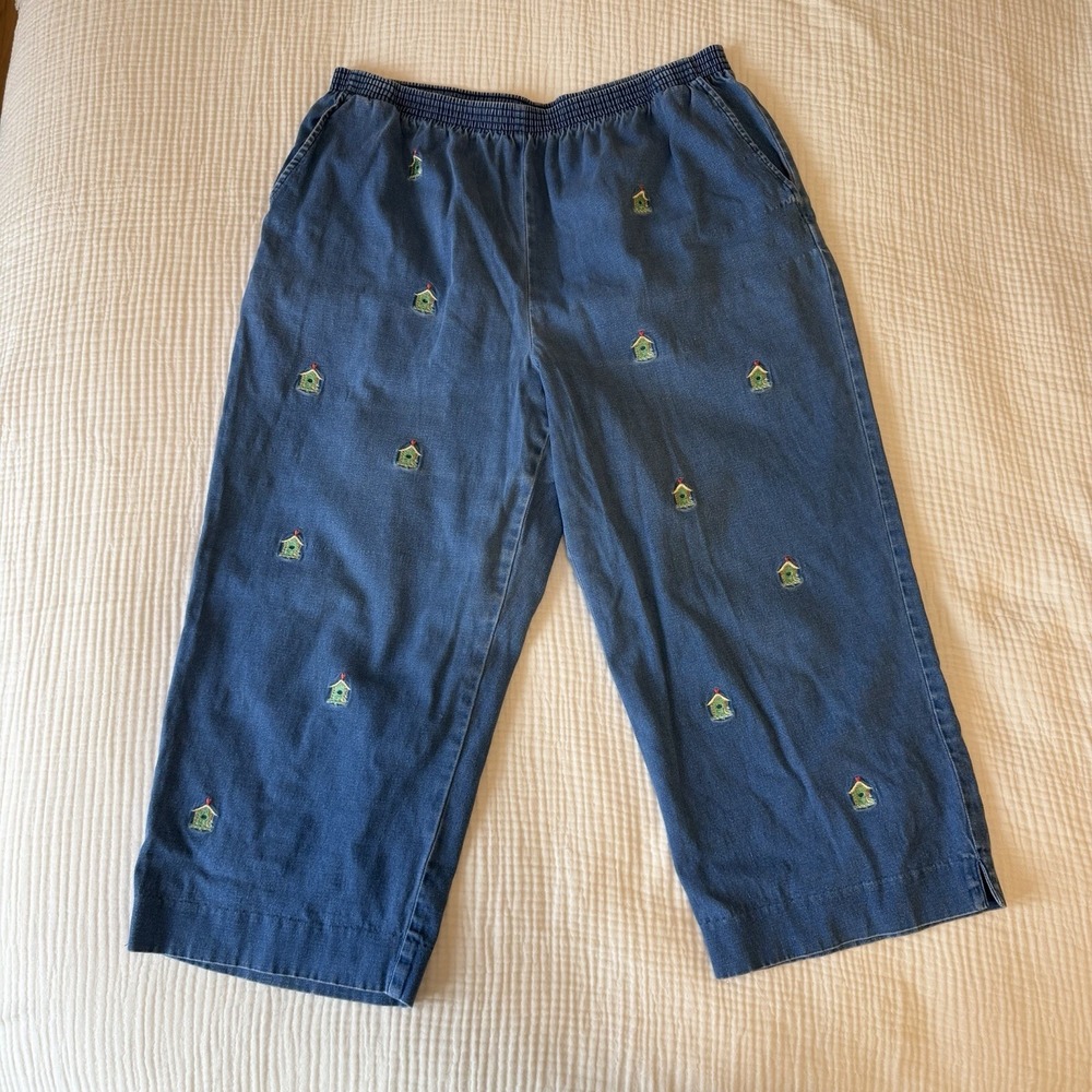 VTG Grannycore Women's Pull-On Cropped Denim Pants (Sz 16) Embroidered Birdhouse